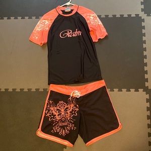 Realm rash guard and board shorts